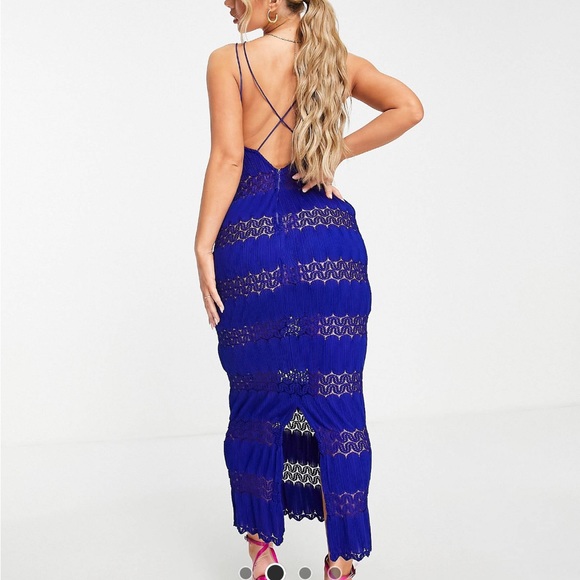 ASOS DESIGN Strappy Lace Paneled Maxi Dress in Rich Blue - Picture 2 of 6